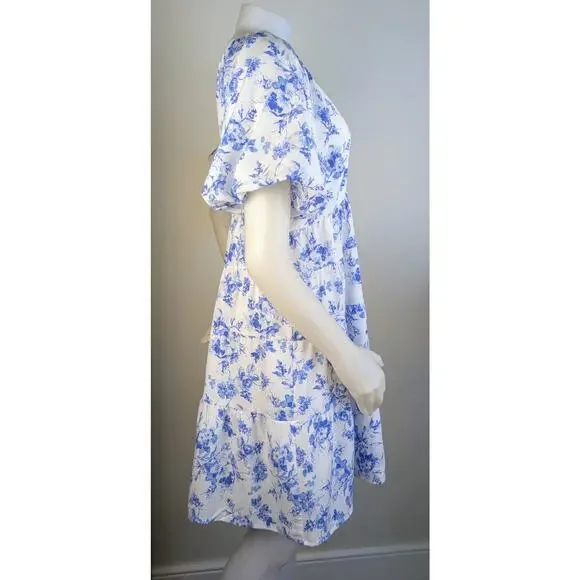 Entro Babydoll Minidress Medium White Blue Floral Ruffle Puff Sleeve Cottagecore - Picture 6 of 11